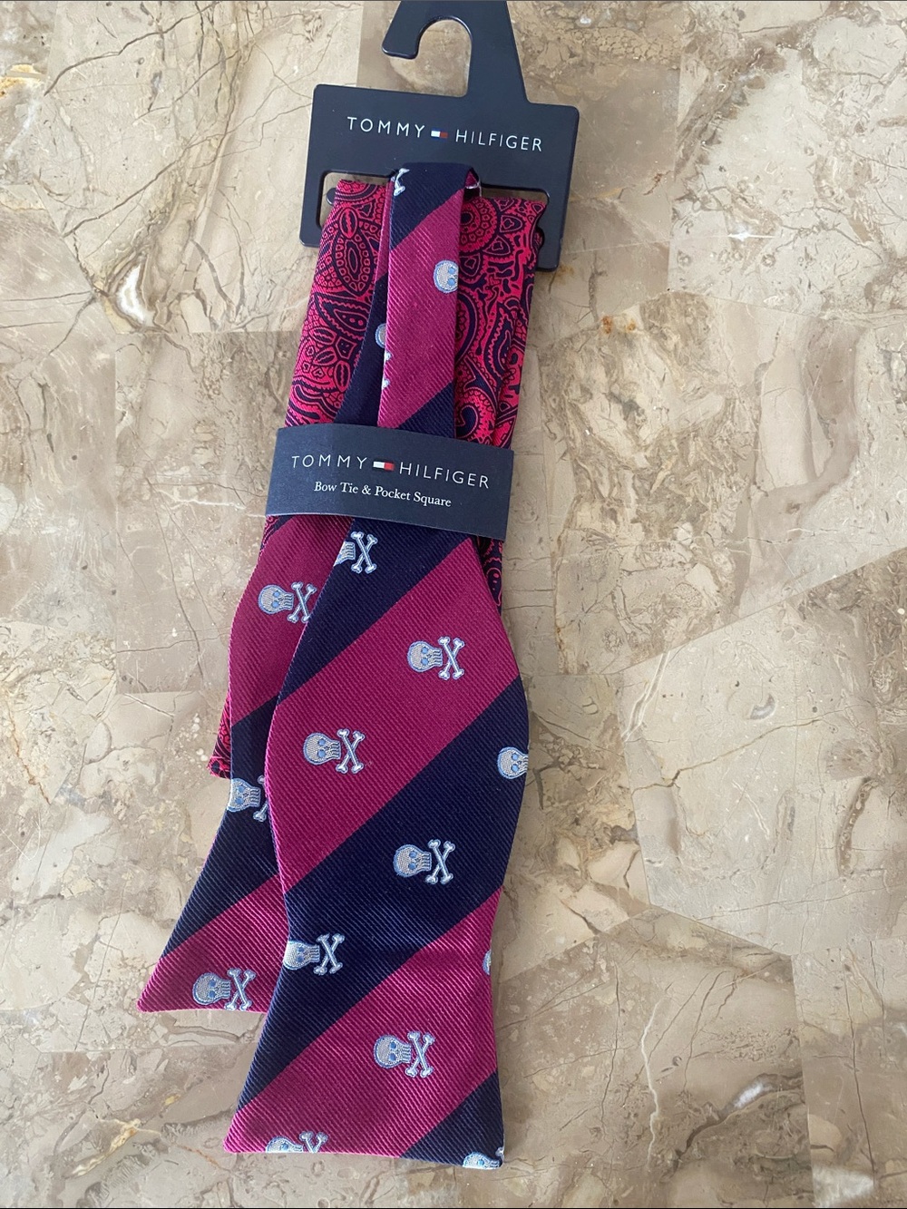 Tommy Hilfiger Burgundy and Navy Striped Bow Tie with Paisley Pocket Square